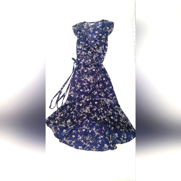 NWOT! Max Studio Floral Women's Navy Ruffled Wrap Dress Size XS - Picture 7 of 7